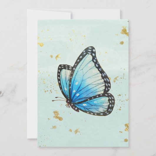 シックティール（緑がかった色）ブルーウォーターカラーバタフライブライダルシャワー 招待状 (裏面)