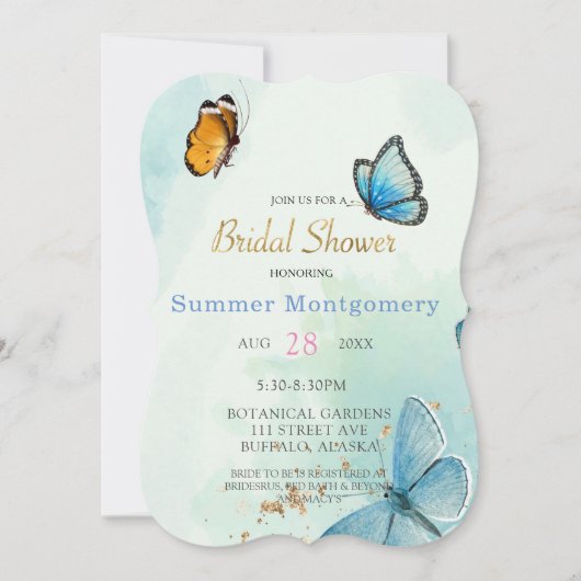 シックティール（緑がかった色）ブルーウォーターカラーバタフライブライダルシャワー 招待状 (正面)