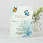 シックティール（緑がかった色）ブルーウォーターカラーバタフライブライダルシャワー 招待状 (スタンド正面)