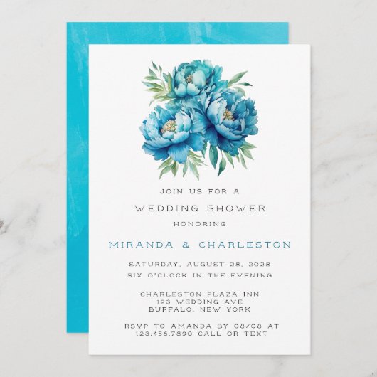 シックティール（緑がかった色）ブルーピーニーフラワーウェディングシャワー 招待状 (正面/裏面)