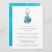 シックティール(緑がかった色)ブルーピーニーフラワーブランチ&バブリー 招待状 (正面/裏面)