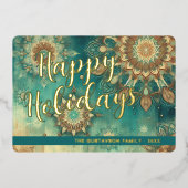 シックティール（緑がかった色）ブルー抽象芸術スノーフレークフローラアート金ゴールド 箔シーズンカード (正面)