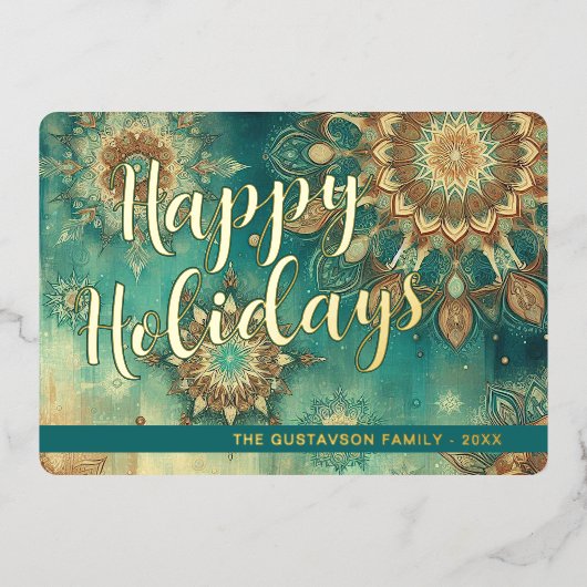 シックティール（緑がかった色）ブルー抽象芸術スノーフレークフローラアート金ゴールド 箔シーズンカード (正面)