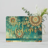 シックティール(緑がかった色)ブルー抽象芸術スノーフレークフローラアート金ゴールド 箔シーズンカード (立ち正面)