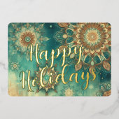 シックティール(緑がかった色)ブルー抽象芸術スノーフレークフローラアート金ゴールド 箔シーズンカード (正面)