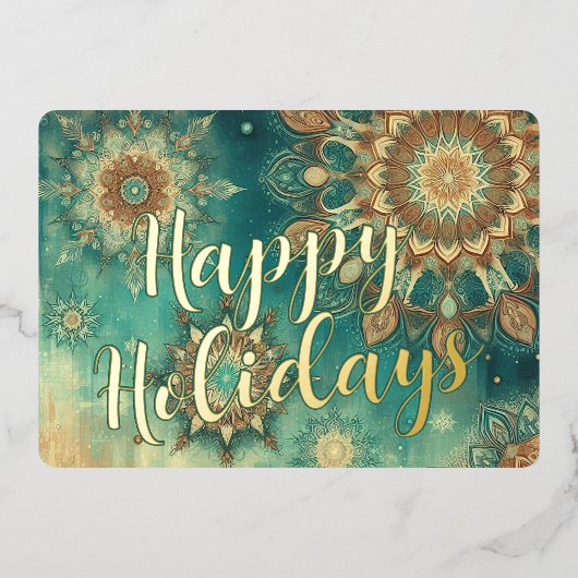 シックティール（緑がかった色）ブルー抽象芸術スノーフレークフローラアート金ゴールド 箔シーズンカード (正面)