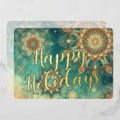 シックティール（緑がかった色）ブルー抽象芸術スノーフレークフローラアート金ゴールド 箔シーズンカード (正面/裏面)