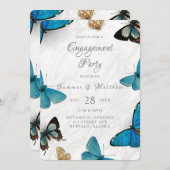 シックティール（緑がかった色）ブルー絵を描タバタフライ婚約パーティ 招待状 (正面/裏面)