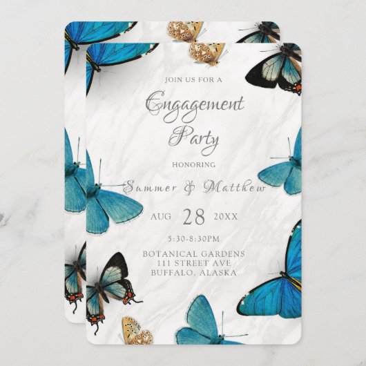 シックティール（緑がかった色）ブルー絵を描タバタフライ婚約パーティ 招待状 (正面/裏面)