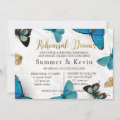 シックティール(緑がかった色)ブルー絵を描バタフライリハーサルディナー 招待状 (正面)