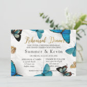 シックティール(緑がかった色)ブルー絵を描バタフライリハーサルディナー 招待状 (スタンド正面)