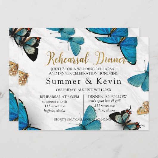 シックティール(緑がかった色)ブルー絵を描バタフライリハーサルディナー 招待状 (正面/裏面)