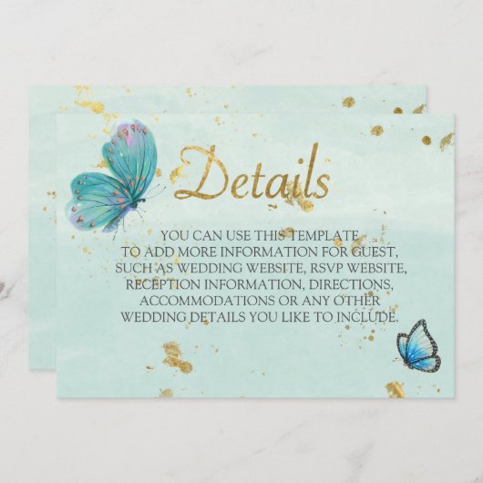 シックティール(緑がかった色)ブルー絵を描バタフ結婚ィーズ詳細 招待状 (正面/裏面)