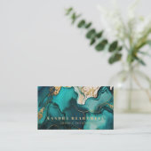 シックティール(緑がかった色)ブルー金ゴールドグリッターインク抽象芸術QRコード 名刺 (スタンド正面)