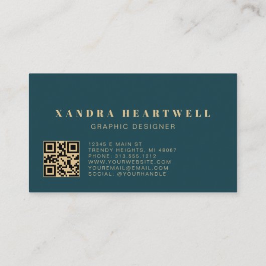 シックティール（緑がかった色）ブルー金ゴールドグリッターインク抽象芸術QRコード 名刺 (裏面)