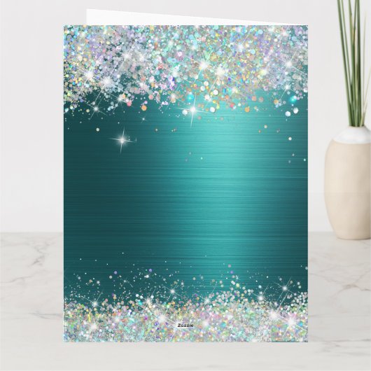 シックティール(緑がかった色)ホログラフィフェイクックグリッターハッピーバースデー カード (裏面)