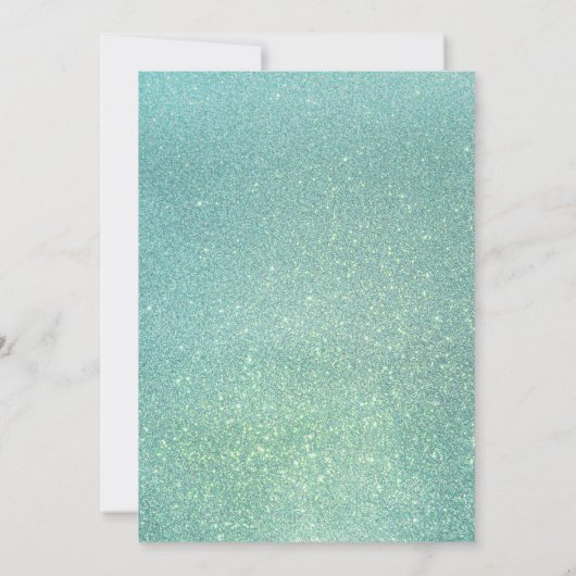 シックティール（緑がかった色）ホワイトグリッターダスト縁どブライダルシャワー 招待状 (裏面)