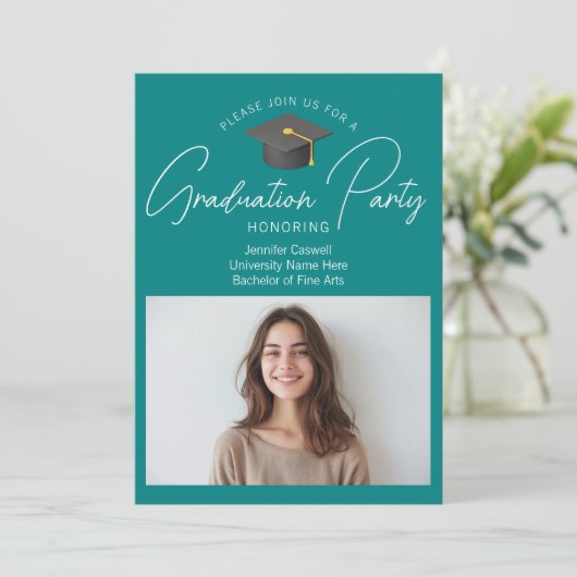 シックティール（緑がかった色）大学院写真卒業パーティー 招待状 (スタンド正面)