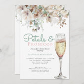 シックティール(緑がかった色)花びらとプロセッコフローラブライダルシャワー 招待状 (正面/裏面)