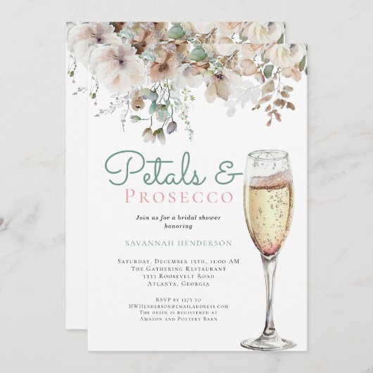 シックティール(緑がかった色)花びらとプロセッコフローラブライダルシャワー 招待状 (正面/裏面)