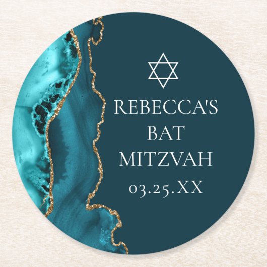 シックティール（緑がかった色）金ゴールドアゲートバルミツワーパーティー ラウンドペーパーコースター (正面)
