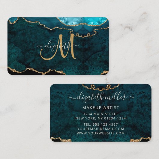 シックティール（緑がかった色）金ゴールドグリッターアゲートカスタムモノグラム 名刺 (正面/裏面)