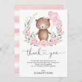シックテディベアピンクフローラバルーン誕生日ガール サンキューカード (正面/裏面)