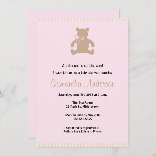 シックテディベアベビーシャワー招待状-ガール 招待状 (正面/裏面)