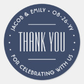 シックデコタイポグラフィサンキューネイビーブルー&ホワイト ラウンドシール (正面)