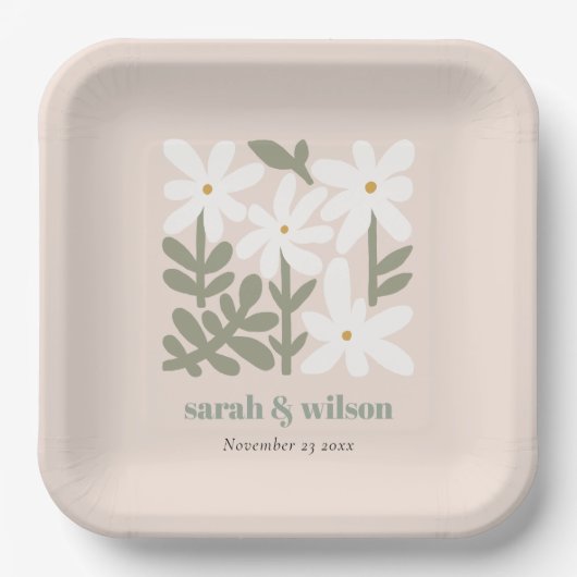 シックデュスキー赤面レトロミニマルフローラ結婚ズ ペーパープレート (正面)