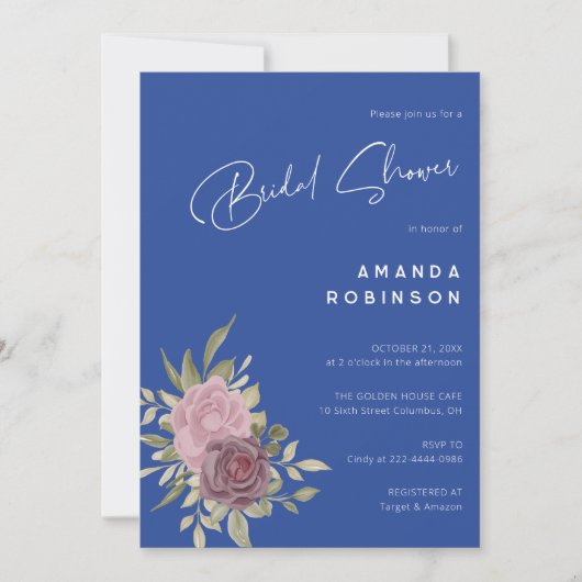シックデルフトブルーアンドホワイトフローラブライダルシャワー 招待状 (正面)