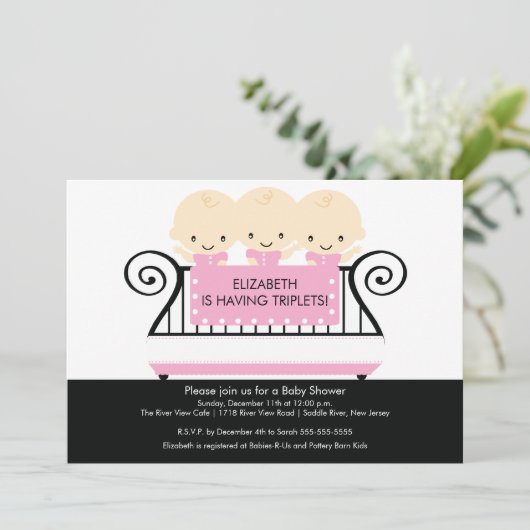 シックトリプレットインクリブベビーシャワー招待状PInk 招待状 (スタンド正面)