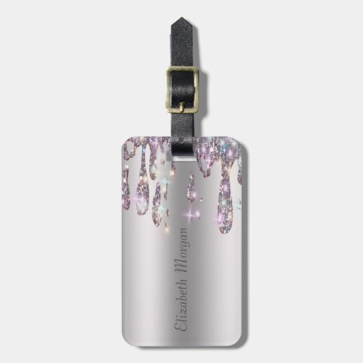 シックトレンディーストライプシルバーグリッタードリップ ラゲッジタグ (正面縦)
