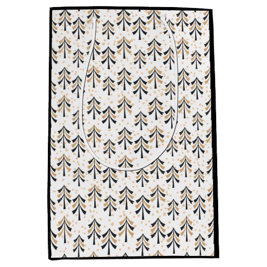 シックトレンディーブラック金ゴールドクリスマスツリーズホリデー ミディアムペーパーバッグ (正面)