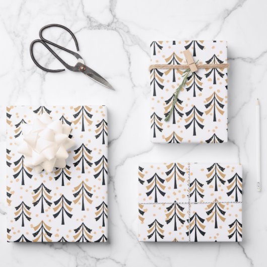 シックトレンディーブラック金ゴールドクリスマスツリーズホリデー ラッピングペーパーシート (正面)