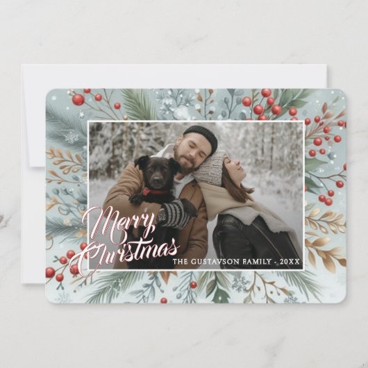 シックトレンディーレッドフローラベリーズホリデイリース シーズンカード (正面)