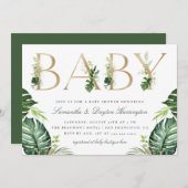 シックトロピカルグリーンリー金ゴールドタイポグラフィベビーシャワー 招待状 (正面/裏面)