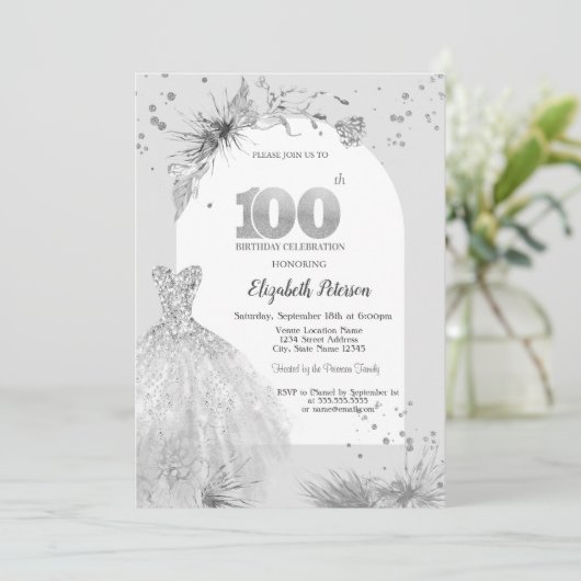 シックドレスウィンターグレー100誕生日 招待状 (スタンド正面)