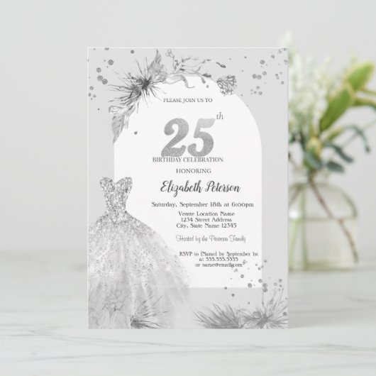 シックドレスウィンターグレー25誕生日 招待状 (スタンド正面)