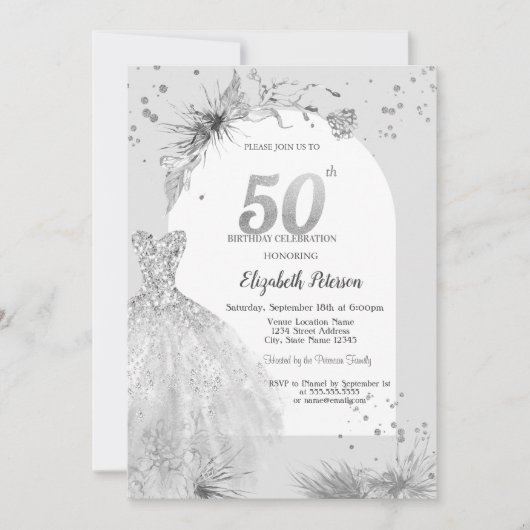 シックドレスウィンターグレー50誕生日 招待状 (正面)