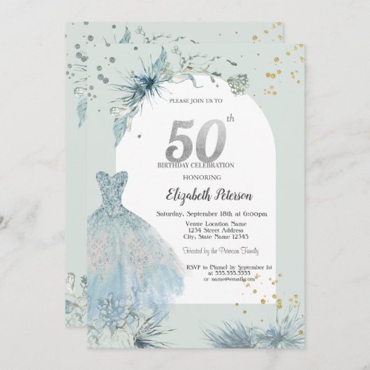 シックドレスウィンター50誕生日 招待状 (正面/裏面)