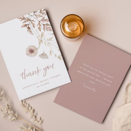 シックニュートラルピンクボタニカルフローラブライダルシャワー サンキューカード