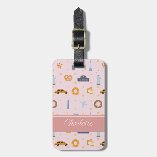 シックニューヨークシティパターンピンク名前をカスタムする ラゲッジタグ (正面縦)
