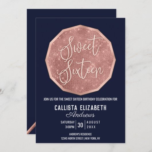 シックネイビーバラ金ゴールドグリッターポリゴンジオスウィート16 招待状 (正面/裏面)