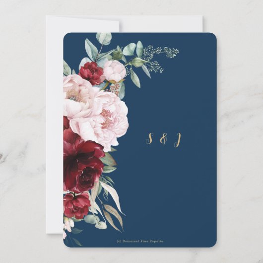 シックネイビーブルゴーニュ赤面牡丹フローラ結婚ズ 招待状 (裏面)
