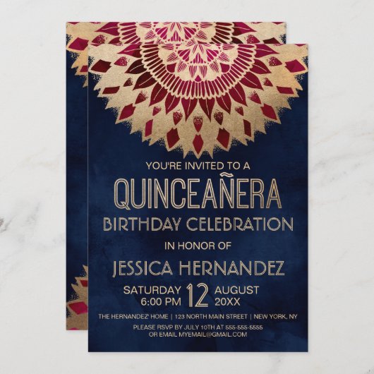 シックネイビーブルゴーニュ金ゴールドフローラマンダラキンセアニラ 招待状 (正面/裏面)