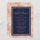 シックネイビーブルーとバラ金ゴールドグリッターブライダルシャワー 招待状 (正面/裏面)