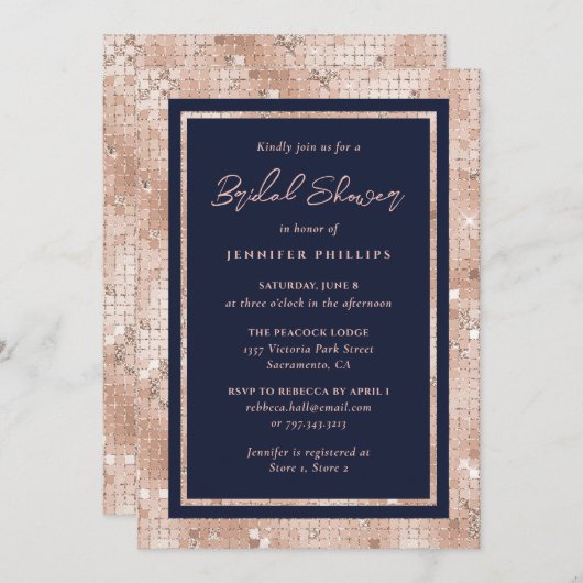 シックネイビーブルーとバラ金ゴールドグリッターブライダルシャワー 招待状 (正面/裏面)