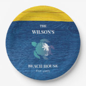 シックネイビーブルーウッドシータートルファミリービーチハウス ペーパープレート (正面)