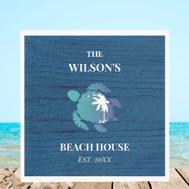 シックネイビーブルーウッドタートルファミリービーチハウス スタンダードランチョンナプキン